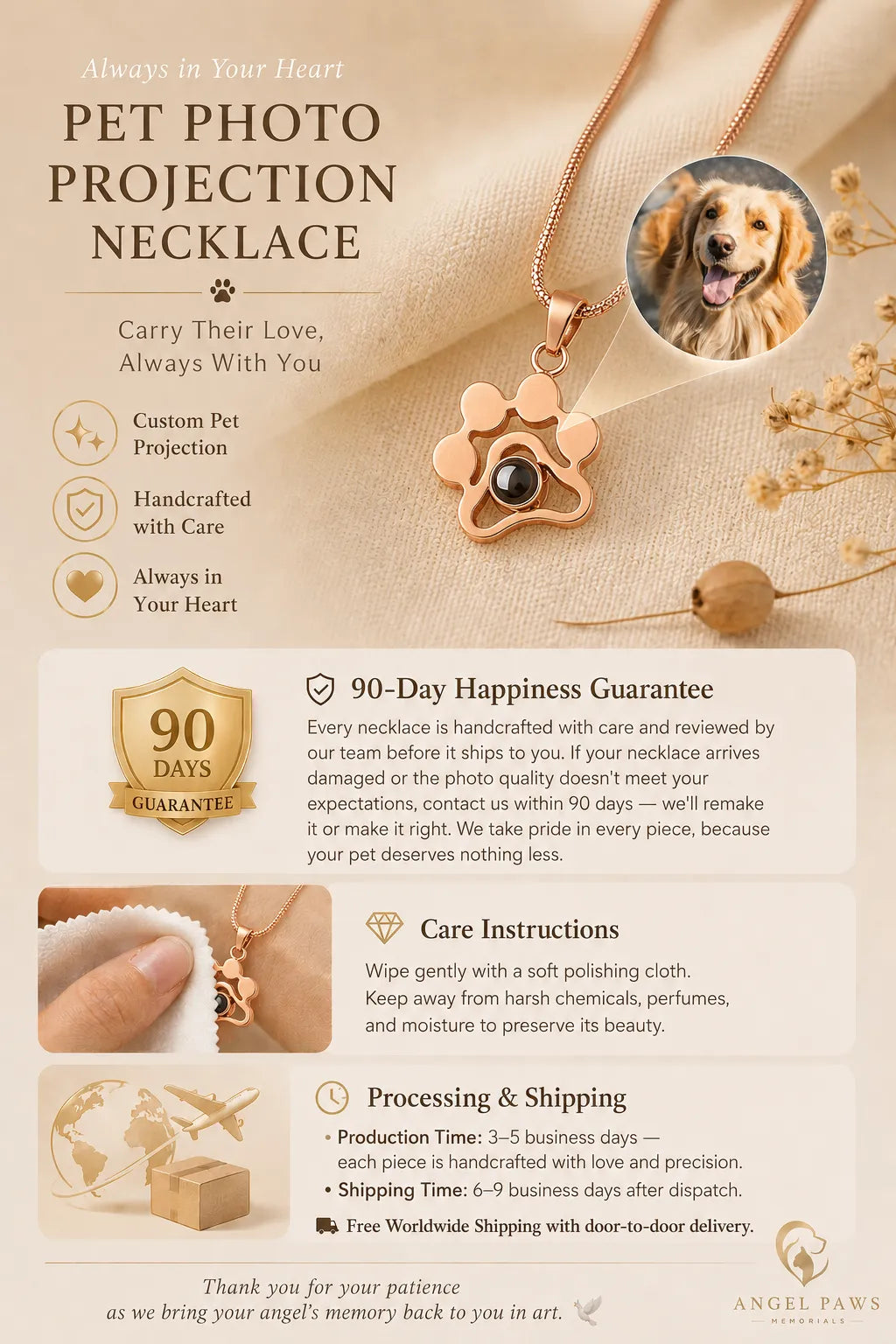 Pet Memorial Projection Necklace Quality Guarantee Card - Angel Paws Memorials