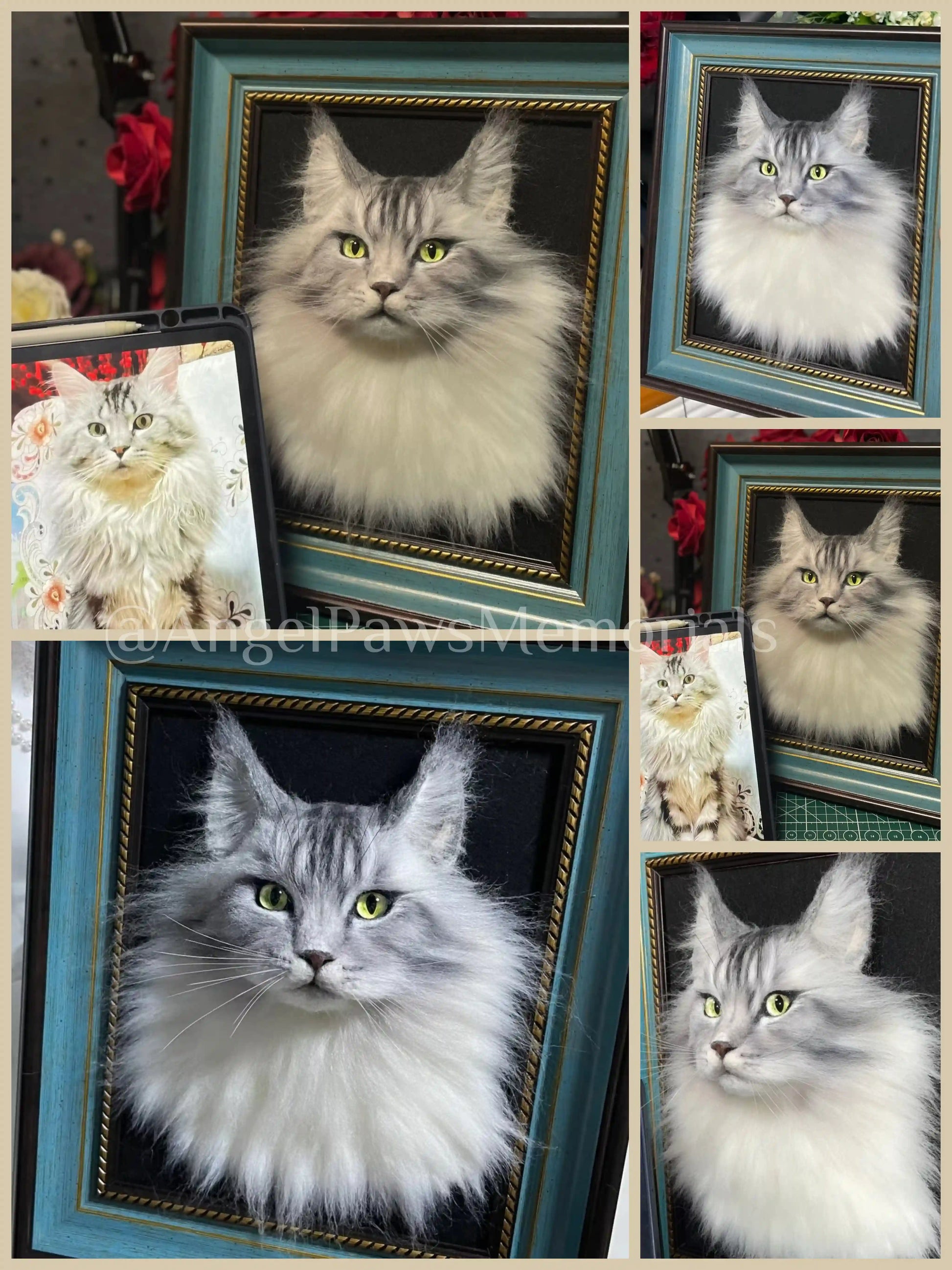 Customized Wool Felt Framed Pet Headshot Figurine Cat Portrait - Angel Paws Memorials