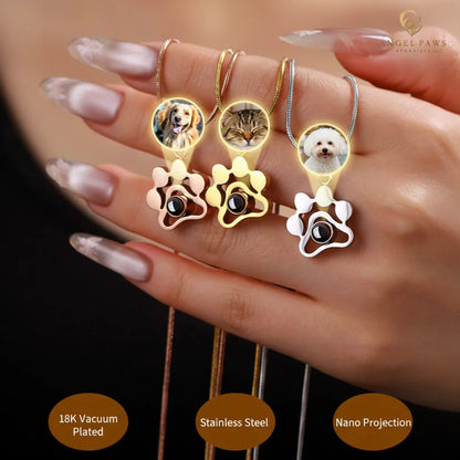 Custom Pet Memorial Photo Projection Necklace Gold Projection Effect - Angel Paws Memorials